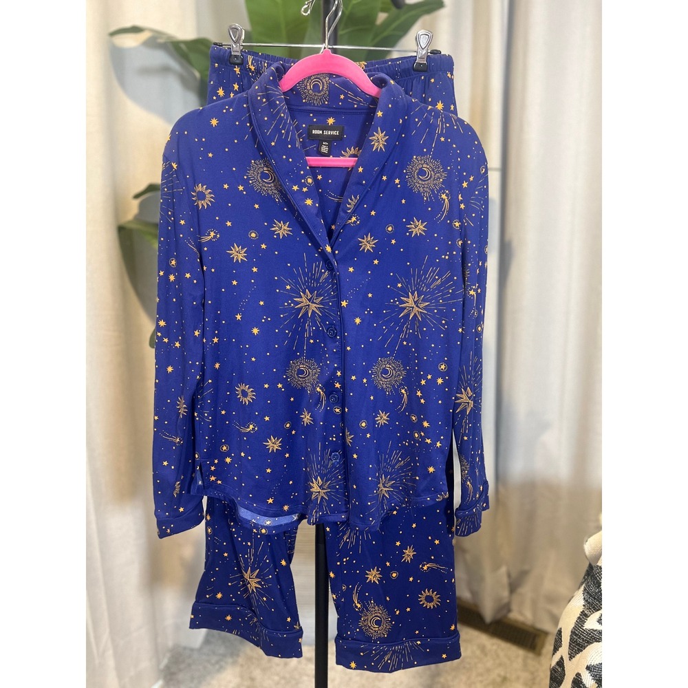 Room Service Women Blue Gold Celestial Pajama Set Moon Star Sun Print Small